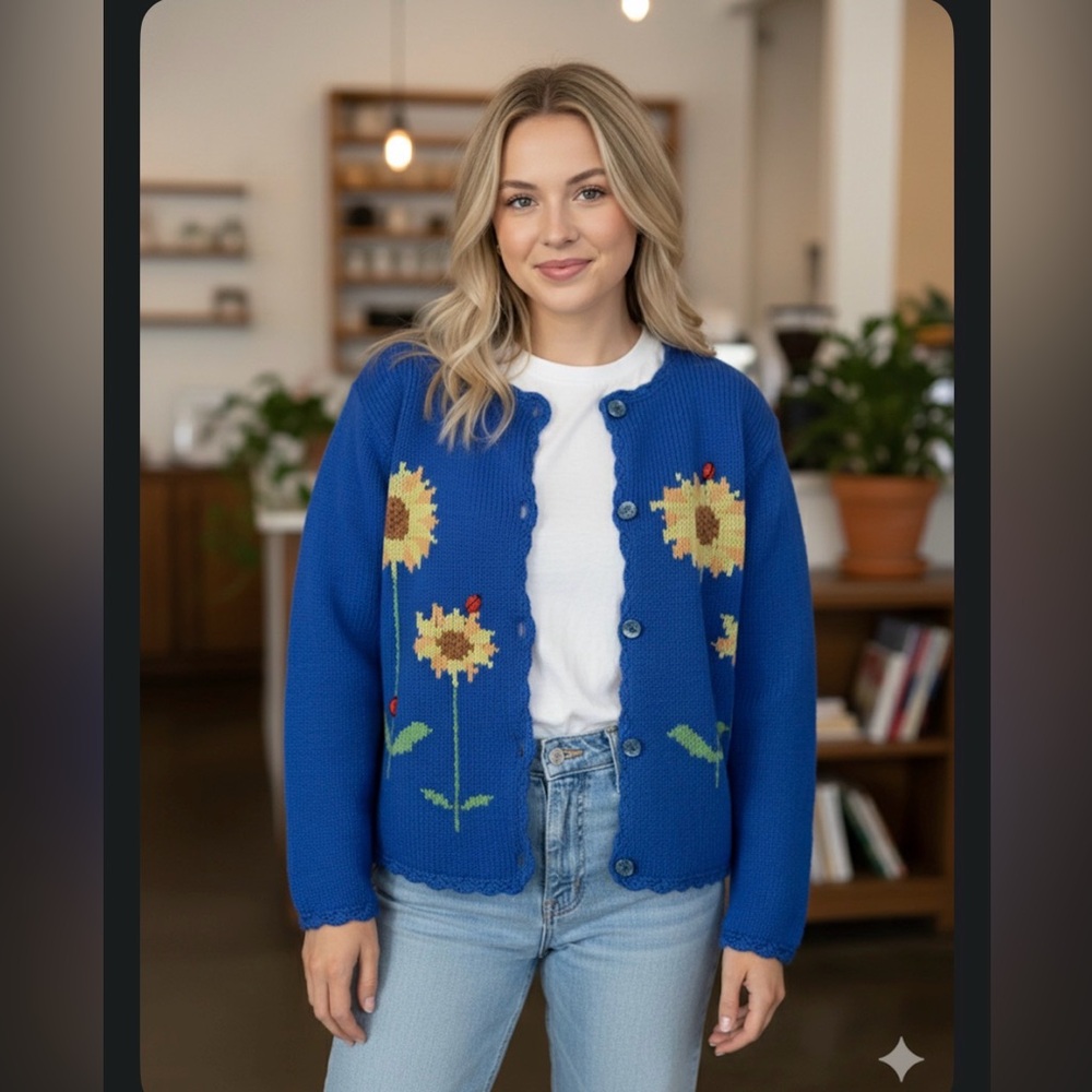 Rey Wear - Small, blue and sunflower,‎ lady bug sweater, vintage